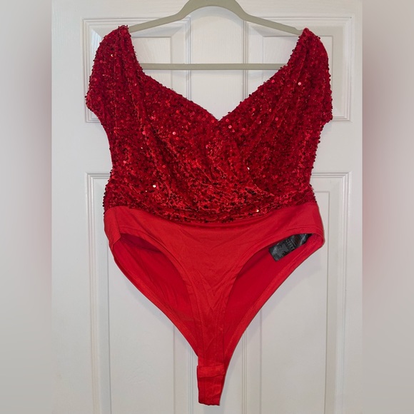 Sequin Red Velvet Bodysuit - Picture 2 of 6